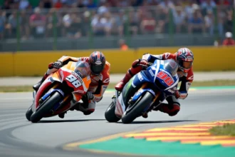 Deux pilotes MotoGP en pleine course négociant un virage sur un circuit professionnel devant des tribunes combles