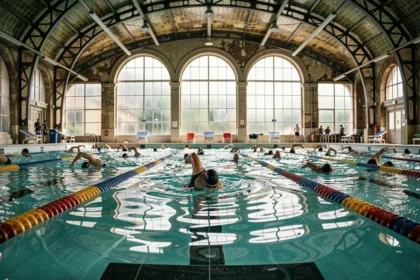 Piscine intérieure municipale parisienne avec nageurs de club s'entraînant dans les couloirs lors d'une séance matinale à la piscine Butte aux Cailles