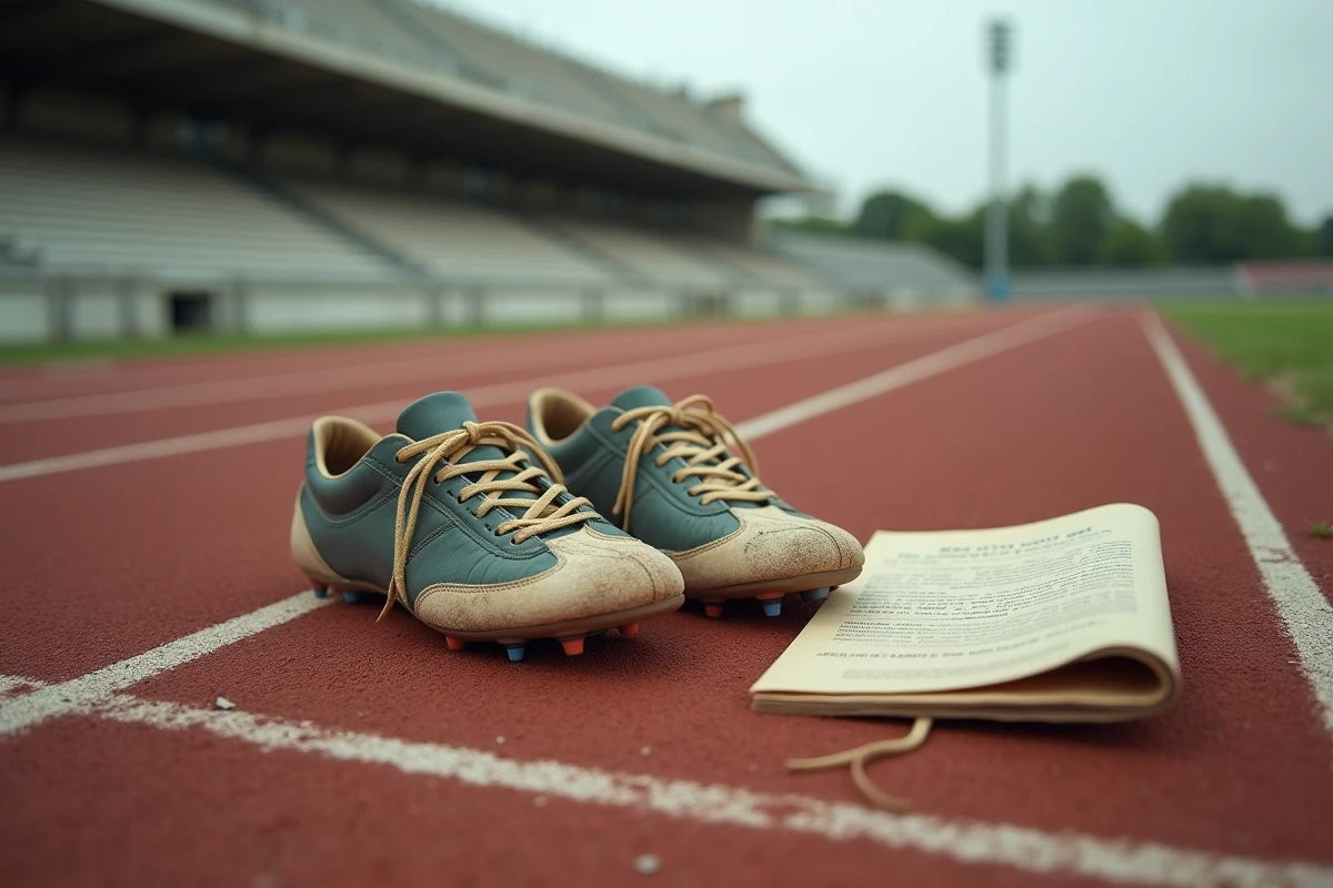 Chaussures de sprint vintage sur une piste d'athlétisme française des années 1980 avec programme sportif