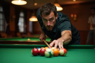 Joueur de billard positionnant les boules sur un tapis vert en vue de préparer un break stratégique