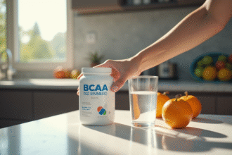 Main tenant un pot de BCAA poudre avec eau fraîche et fruits