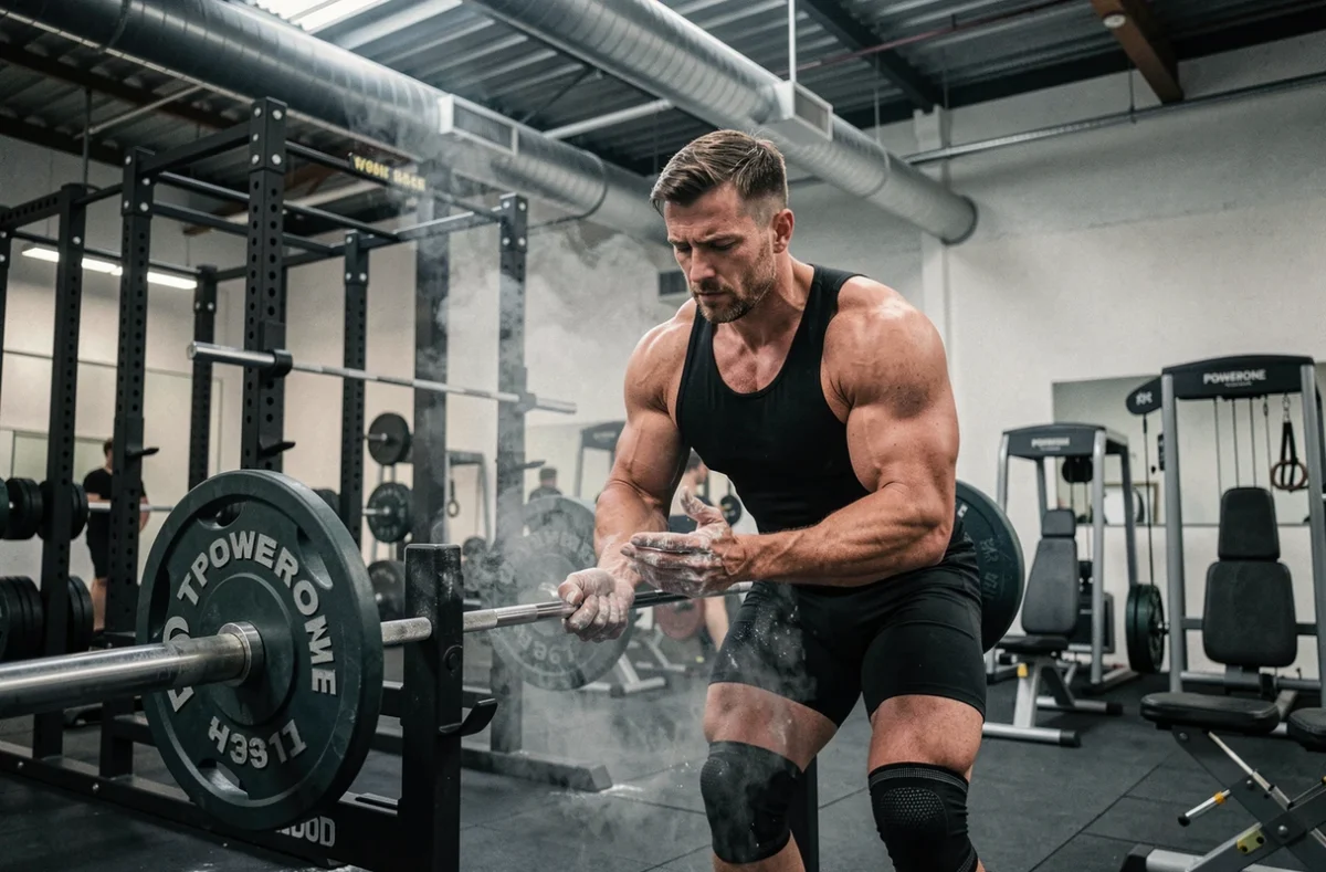 POWERONE Metz, salle de musculation orientée performance avec athlète masculin se préparant au squat en chalk station sous racks lourds