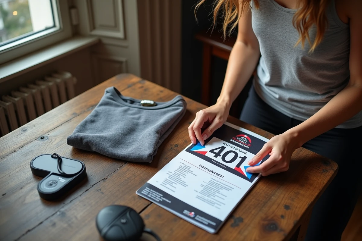 Jeune femme vérifiant son kit de marathon dans un intérieur parisien