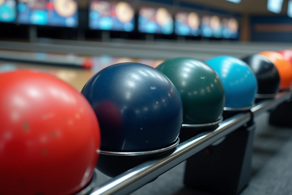 Présentoir de boules de bowling multicolores dans un centre de bowling moderne