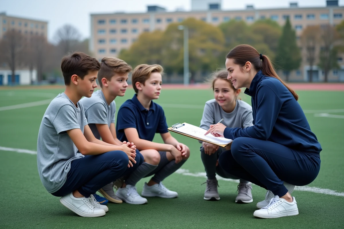 Professeure d'EPS expliquant les champs d'apprentissages à un groupe d'élèves sur un terrain de sport scolaire en plein air