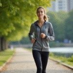 Femme sportive marchant dans un parc urbain paisible