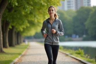 Femme sportive marchant dans un parc urbain paisible