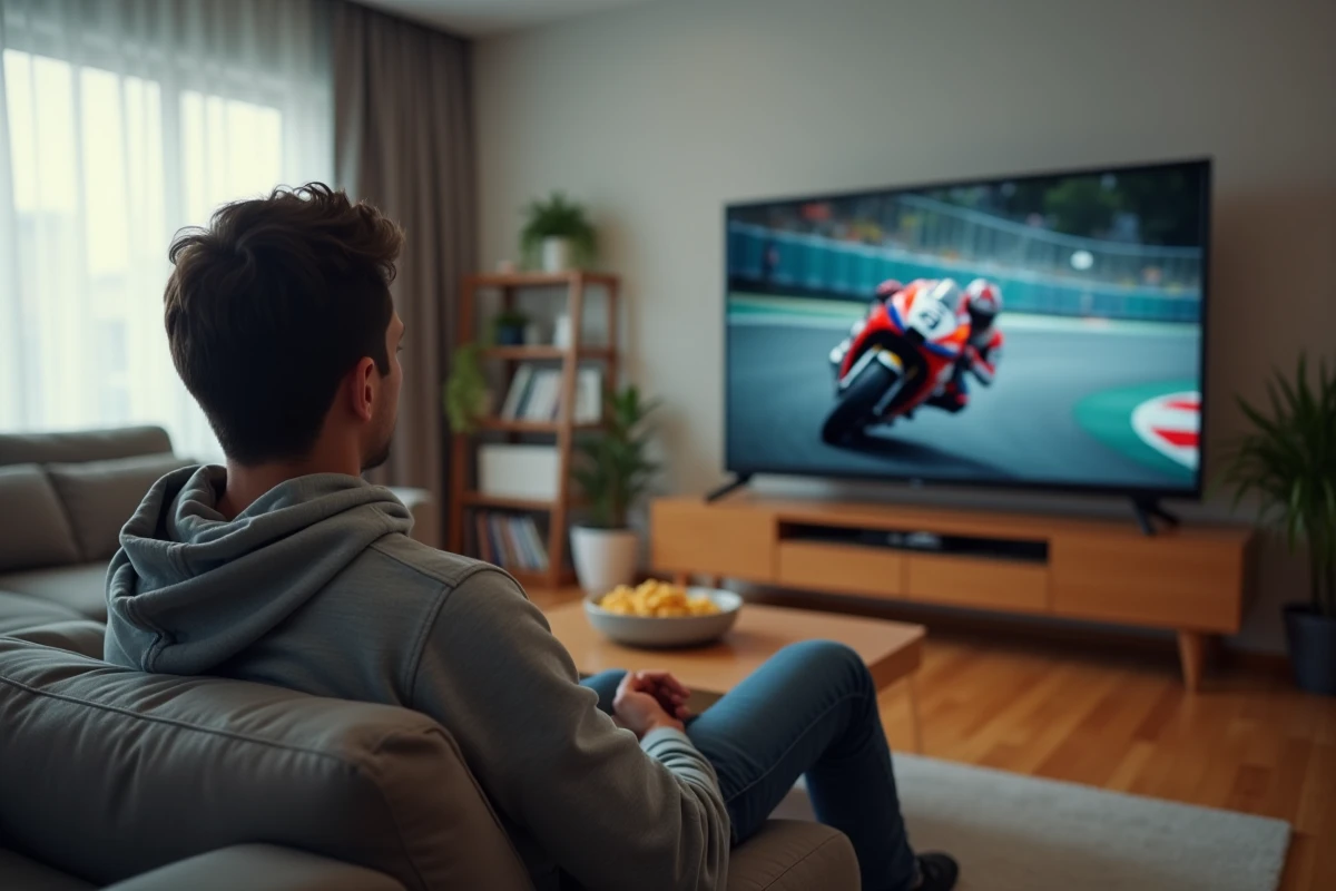 Homme regardant un Grand Prix MotoGP en direct sur sa télévision dans son salon le dimanche