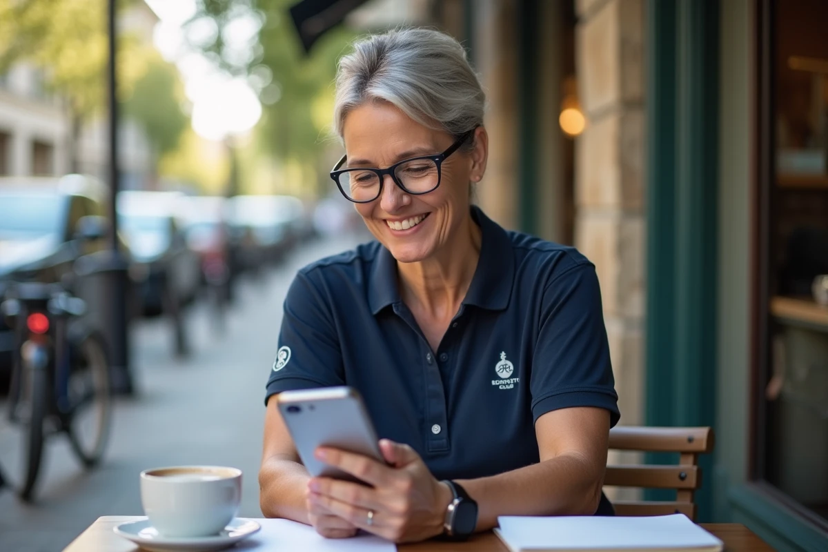 Responsable de club de judo gérant les services FFJDA en ligne depuis son téléphone dans un café en ville
