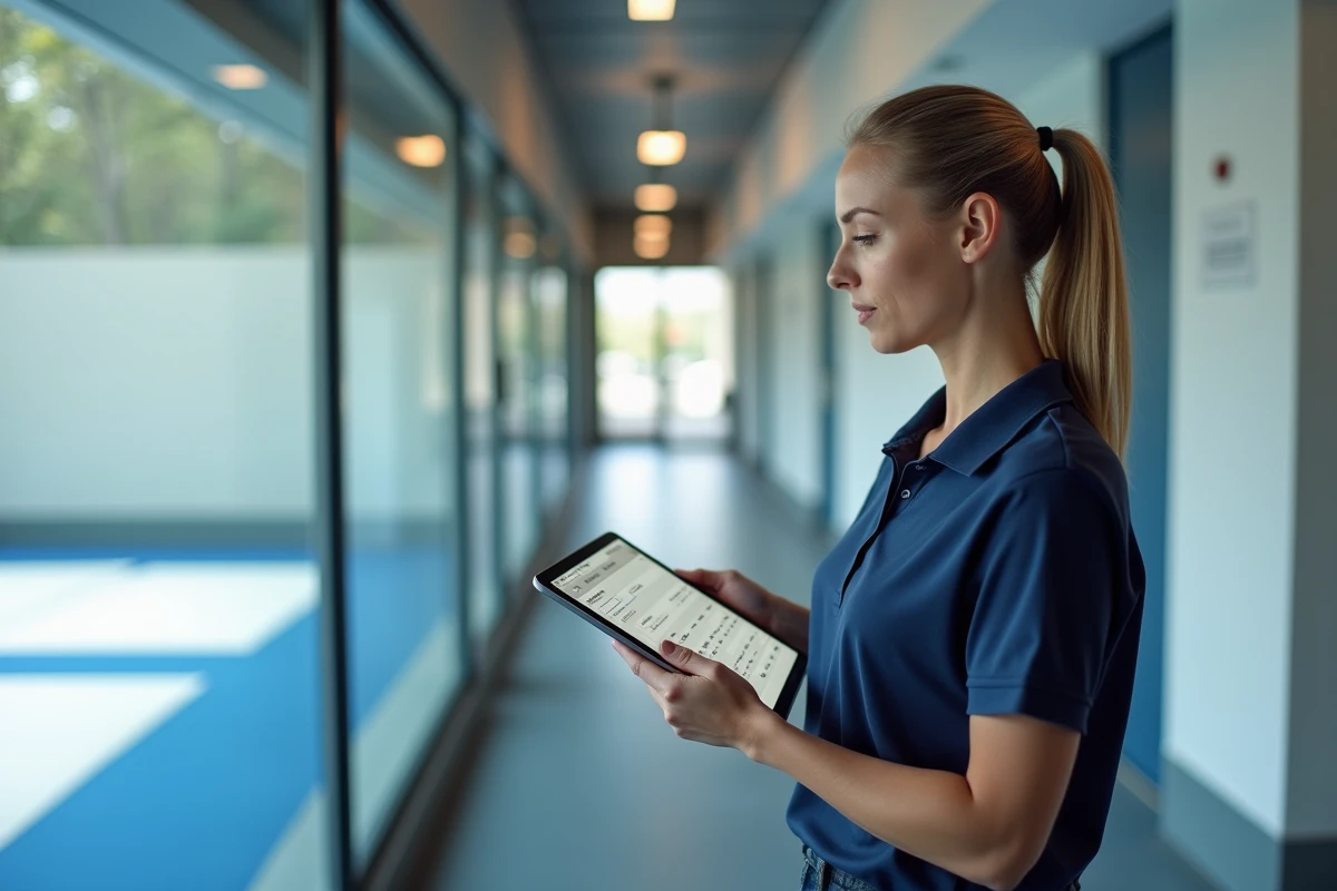 Responsable administrative d'un club de judo consultant les inscriptions sur une tablette numérique dans le couloir d'une salle de sport