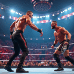 Ring de lutte WWE avec deux athlètes en action dans une ambiance vibrante