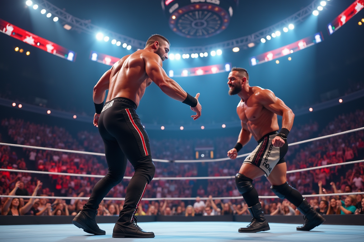 Ring de lutte WWE avec deux athlètes en action dans une ambiance vibrante