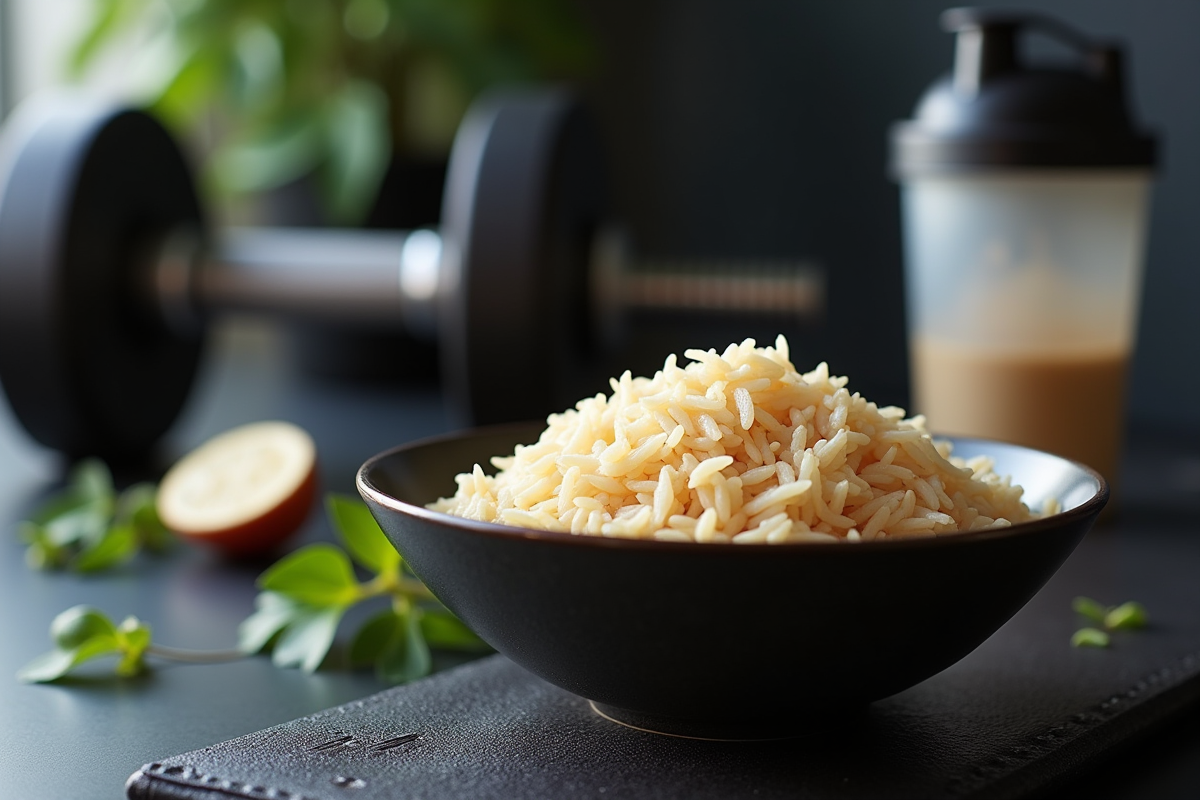 Riz brun dans un bol moderne avec haltères et shaker
