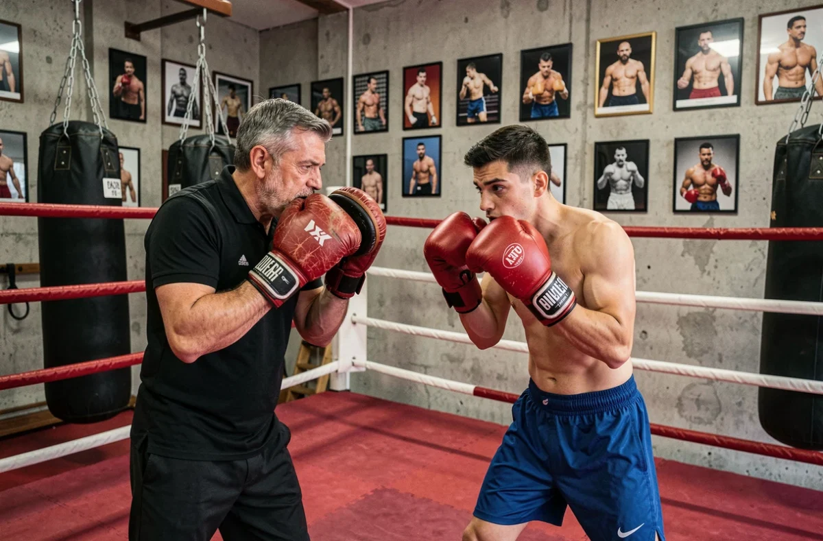 Entraîneur tenant des mitaines face à un boxeur en gants dans un ring de boxe de la salle Aimé Giral à Perpignan