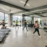 Vue panoramique d'une salle de sport moderne dans les Pyrénées-Atlantiques avec plusieurs zones d'entraînement et fenêtres donnant sur la montagne