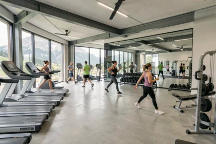 Vue panoramique d'une salle de sport moderne dans les Pyrénées-Atlantiques avec plusieurs zones d'entraînement et fenêtres donnant sur la montagne