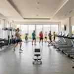 Vue panoramique d'une salle de sport moderne dans les Pyrénées-Orientales avec machines, haltères et zone cardio