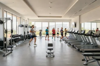 Vue panoramique d'une salle de sport moderne dans les Pyrénées-Orientales avec machines, haltères et zone cardio