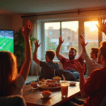 Salon convivial avec amis regardant un match de rugby