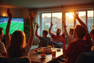 Salon convivial avec amis regardant un match de rugby