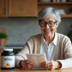 Femme senior souriante examine une protéine en poudre