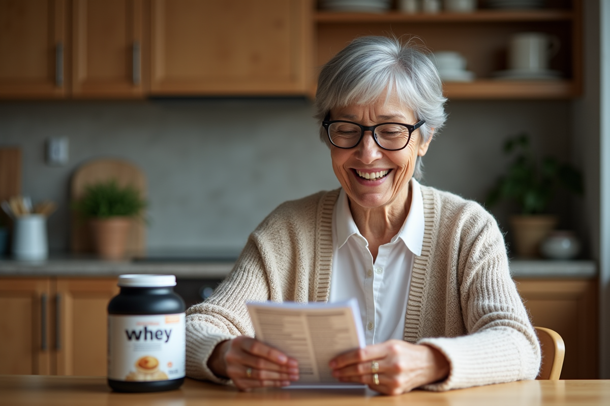 Femme senior souriante examine une protéine en poudre