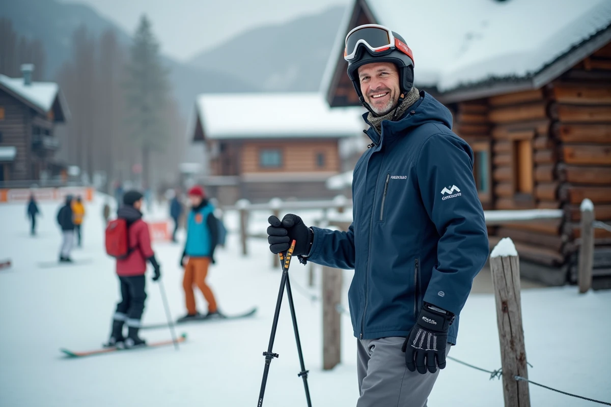 Skieur seul vérifiant son matériel devant une cabane en bois