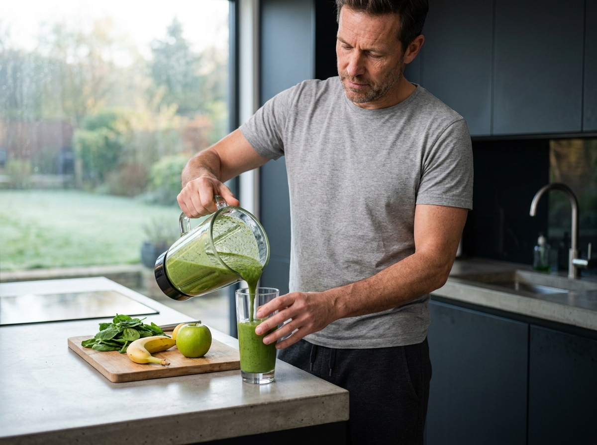 Homme préparant un smoothie vert sain pour son petit-déjeuner minceur dans une cuisine moderne avec plan de travail en béton