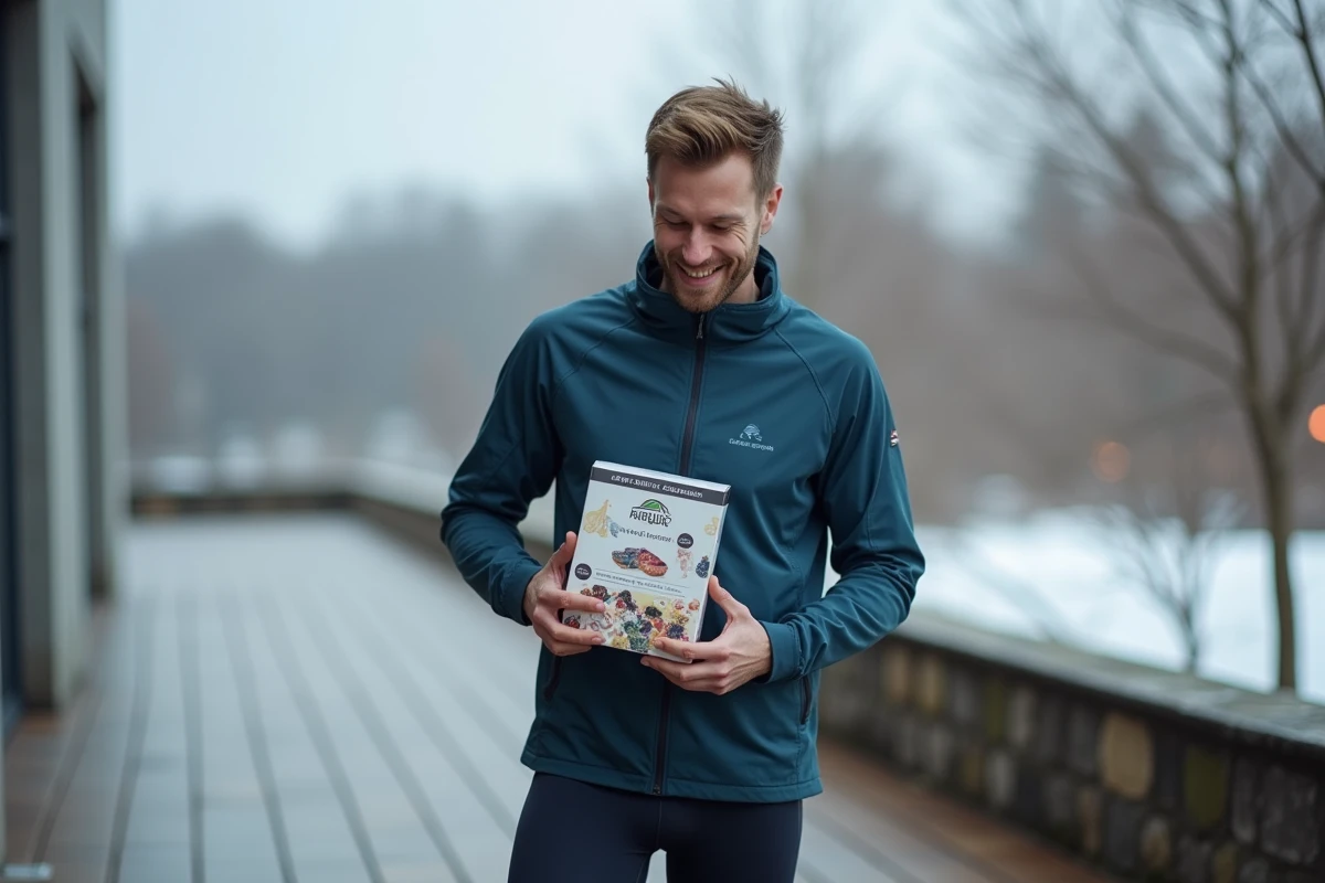 Sportif débutant tenant un calendrier de l'Avent homme sportif en extérieur par temps hivernal