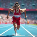 Sprinteuse élite au départ de blocs sur piste bleue lors d'un grand championnat d'athlétisme, attitude explosive et concentration maximale
