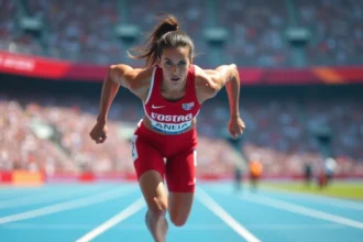 Sprinteuse élite au départ de blocs sur piste bleue lors d'un grand championnat d'athlétisme, attitude explosive et concentration maximale