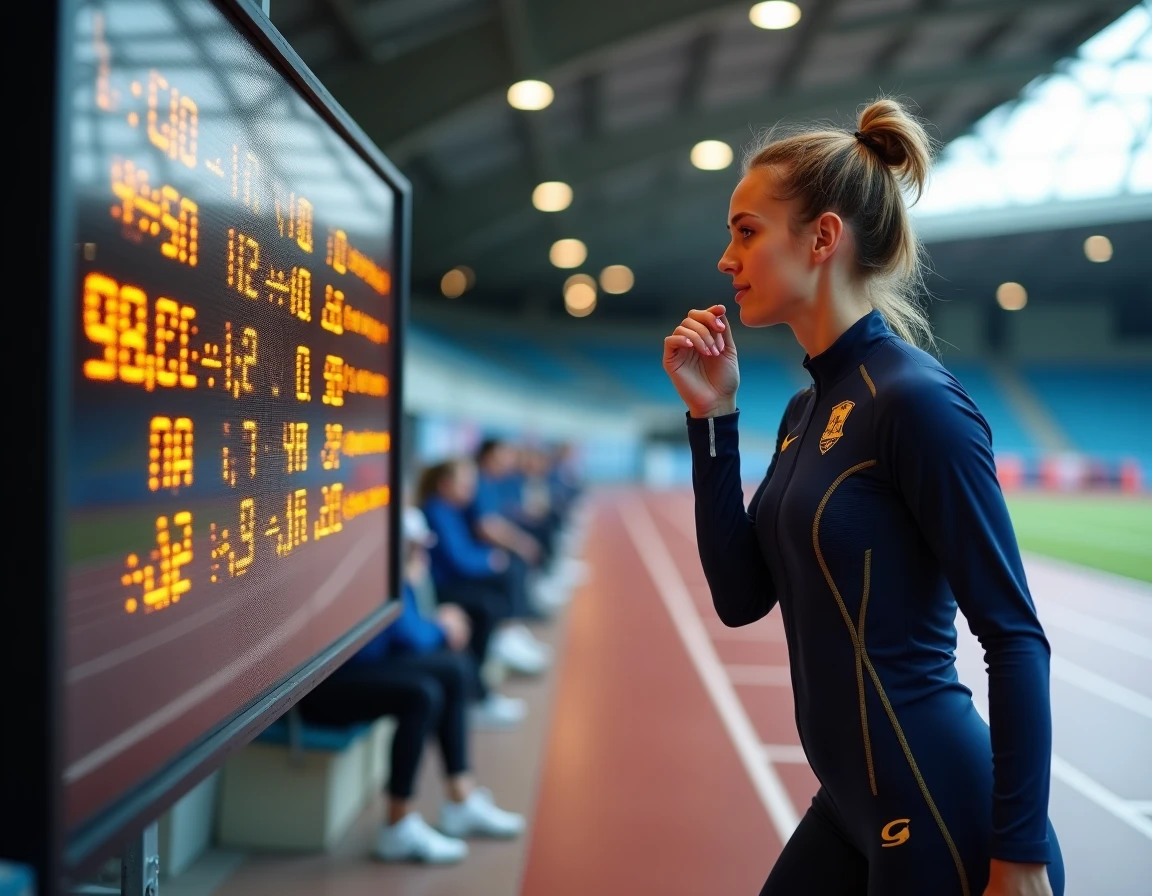 Sprinteuse consultant un tableau de chronométrage électronique avec une expression d'émotion intense après une course record dans une salle d'athlétisme