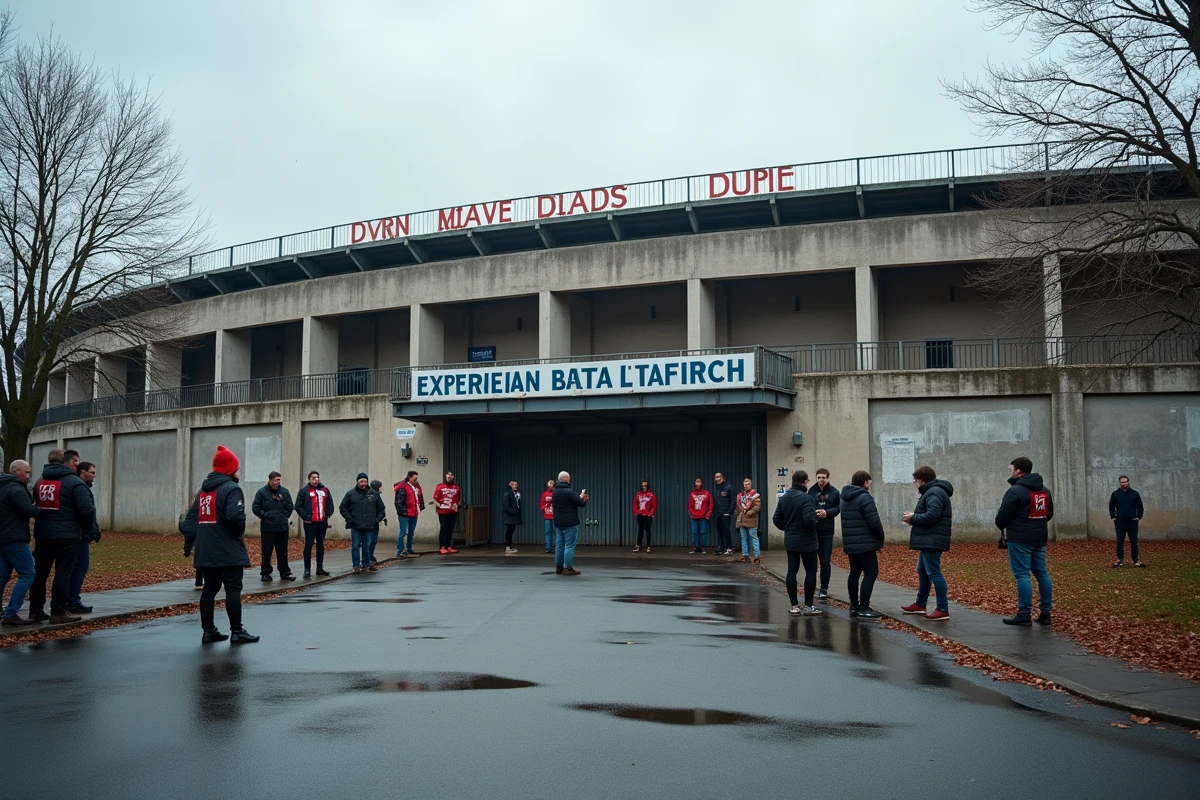 Supporters du CA Brive devant le stade Amédée-Domenech consultant le forum CA libre Rugby sur leurs smartphones