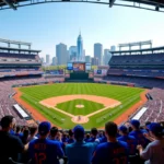 Vue panoramique du stade Citi Field à New York lors d'un match des Mets avec des fans en maillots bleus et oranges