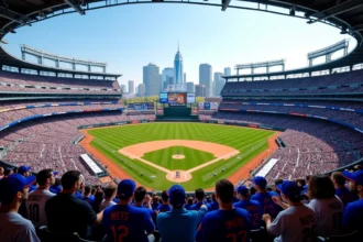 Vue panoramique du stade Citi Field à New York lors d'un match des Mets avec des fans en maillots bleus et oranges