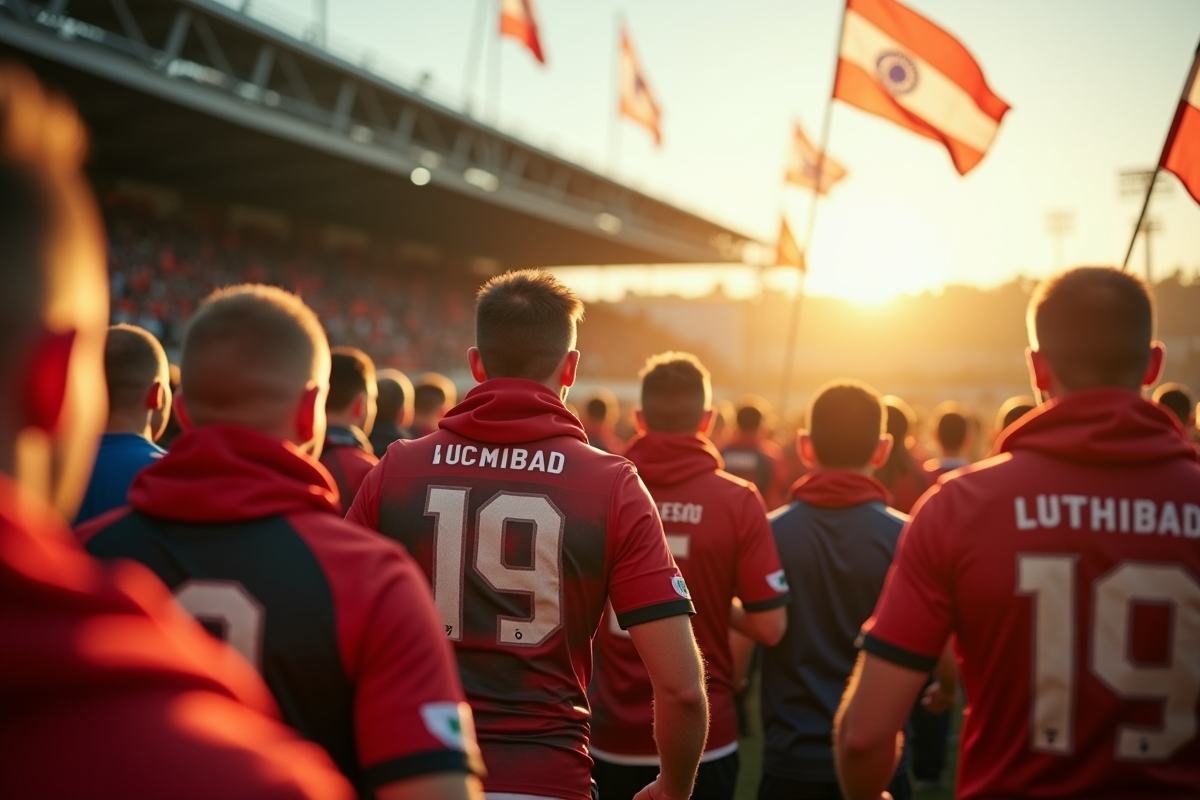 Fans entrant dans le stade de rugby en fin d