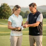 Instructeur de golf guidant une débutante adulte sur la prise en main du club lors d'un stage d'initiation au golf en plein air