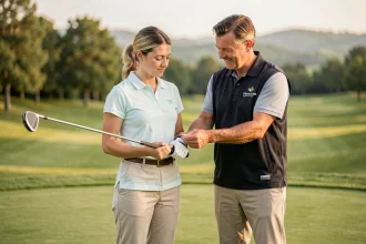 Instructeur de golf guidant une débutante adulte sur la prise en main du club lors d'un stage d'initiation au golf en plein air