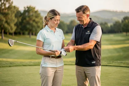 Instructeur de golf guidant une débutante adulte sur la prise en main du club lors d'un stage d'initiation au golf en plein air