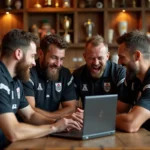 Supporters du CA Brive réunis dans un bar de rugby autour d'un forum en ligne, échangeant avec passion sur leur club