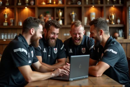 Supporters du CA Brive réunis dans un bar de rugby autour d'un forum en ligne, échangeant avec passion sur leur club