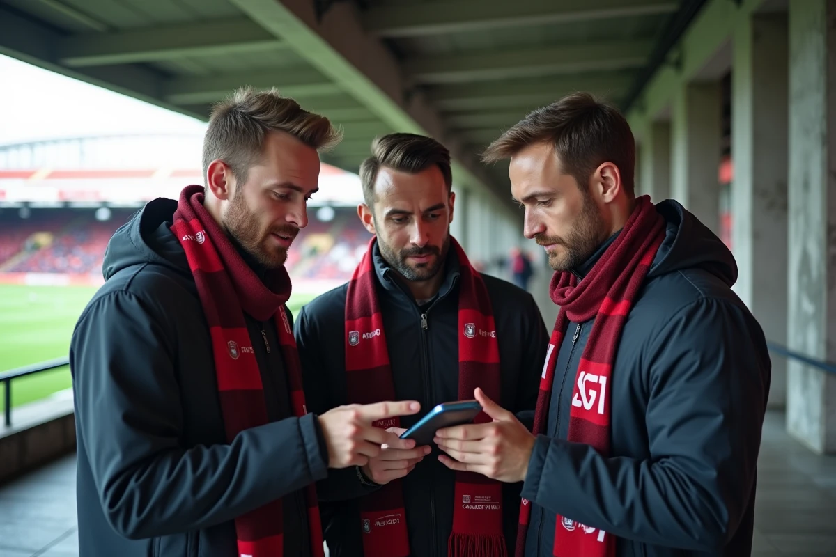 Groupe de supporters consultant le forum AJA 1905 sur smartphone au stade