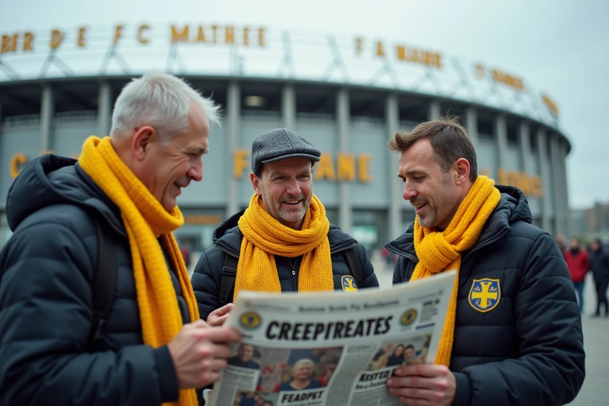 Supporters du FC Nantes devant le stade de la Beaujoire discutant des rumeurs de transfert avec un journal sportif