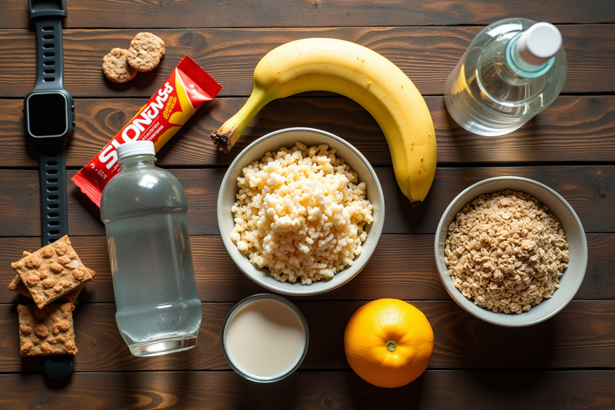 table avec aliments sportifs et montre fitness naturel