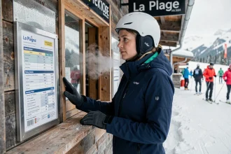 Skieuse consultant les tarifs des forfaits courts séjours à La Plagne au guichet de la station