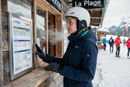 Skieuse consultant les tarifs des forfaits courts séjours à La Plagne au guichet de la station