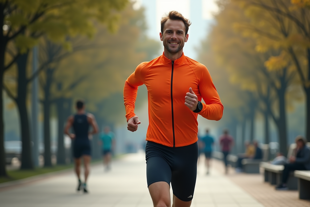 Triathlète homme courant dans un parc urbain au matin