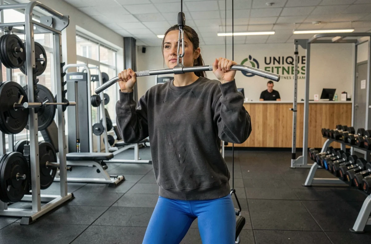 Unique Fitness Metz, salle de musculation généraliste en centre-ville avec membre féminin sur machine tirage vertical