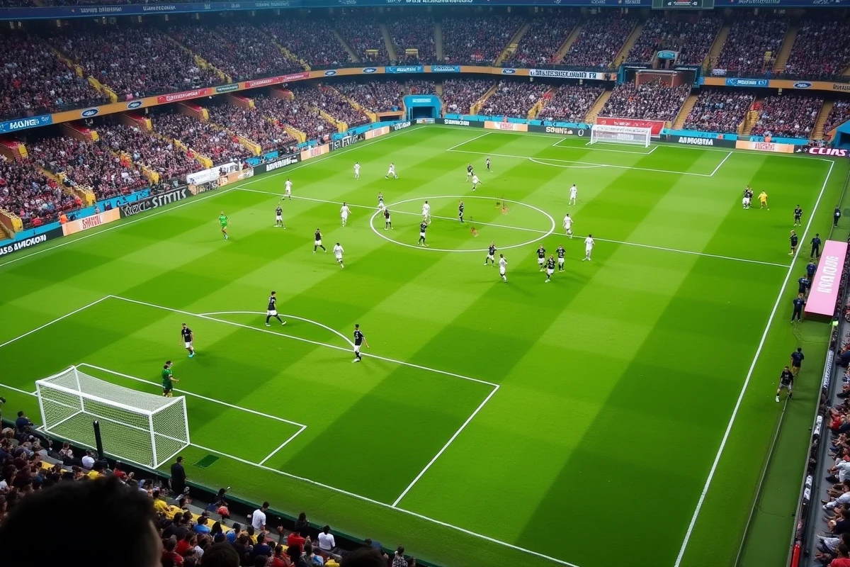 Vue aérienne d'un match de l'OM dans un grand stade, joueurs en pleine action sur une pelouse aux motifs géométriques avec des tribunes remplies