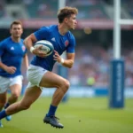 Jeune joueur du XV de France U20 en plein effort lors d'un match de Coupe du monde de rugby